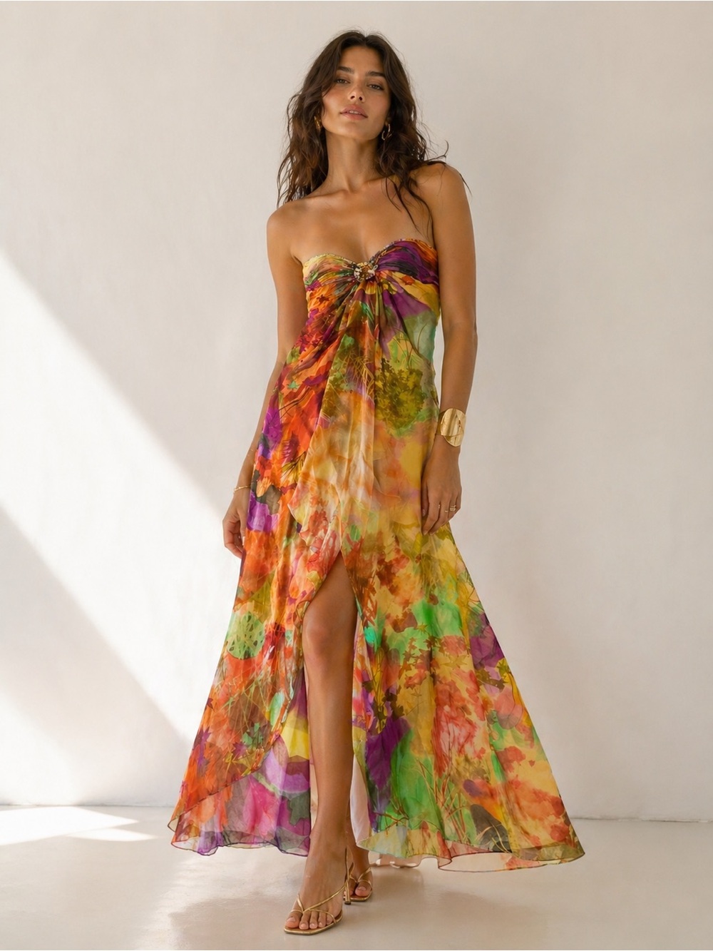 Jovani Peach Satin Strapless Dress with Orange Zip Detail Size 0